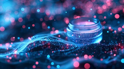 A close-up of a jar filled with glitter, illuminated by neon blue and pink lights, package of skincare or lotion or cream product, beauty product of feminine.