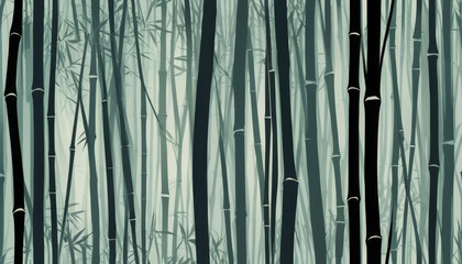 Dense bamboo forest illustration with serene atmosphere and muted colors