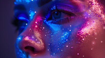 Close-up of a human face with digital interface overlay, representing futuristic AI technology and innovation.