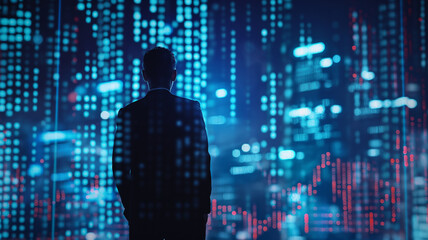 Businessman in a suit against the background of a blurred night city, business and financial progress concept. Financial investment, business, success. Man looking at the metropolis. Successful