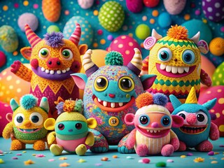 Vibrant Product Photography Showcasing Adorable Colorful Monster Characters in Whimsical Patterns for Kids' Room Decor and Creative Merchandise