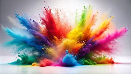 Obraz premium Vibrant Rainbow Colored Powder Explosion Splash Set Isolated on White Background for Creative Design, Art Projects, and Celebratory Themes with Vivid Colorful Effects