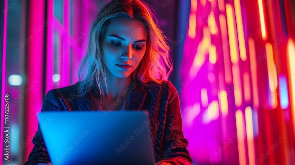 Poster a woman using a laptop in a colorful, illuminated environment.