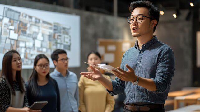 An Asian architect confidently presenting their design project to a group of clients in a modern setting