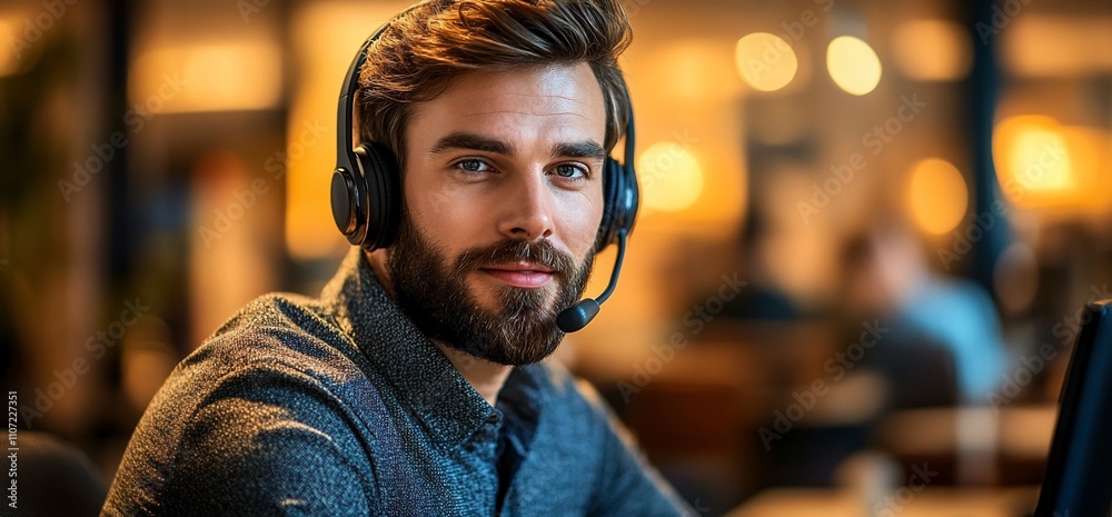 Poster a young man with a headset working at a computer in a modern office.