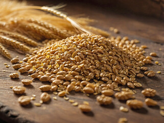 Fototapeta premium Close-up of Wheat Grains on a Wooden Surface