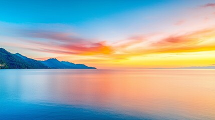 Fototapeta premium A stunning sunset over calm waters, reflecting vibrant hues of orange, pink, and blue, with distant mountains enhancing the serene landscape.