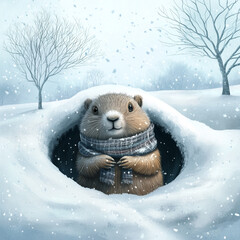 Obraz premium Illustration of Groundhog Peeking Out from a Snowy Burrow Wrapped in a Scarf with Snowfall - Cozy and Charming Groundhog Day Scene