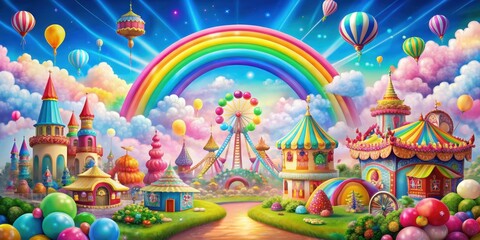 Colorful amusement park filled with candies, clouds, rainbows, and fairies , fun, playful, whimsical, fantasy, sweets
