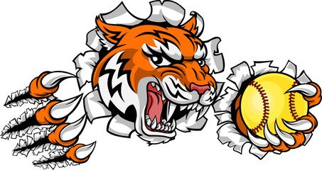 A tiger animal softball sports team cartoon mascot