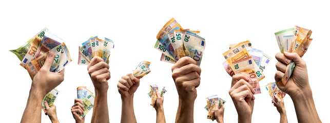 Many hands holding Euro banknotes isolated from background