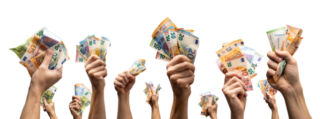 Many hands holding Euro banknotes isolated from background