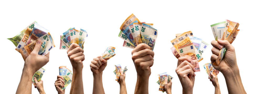 Many hands holding Euro banknotes isolated from background
