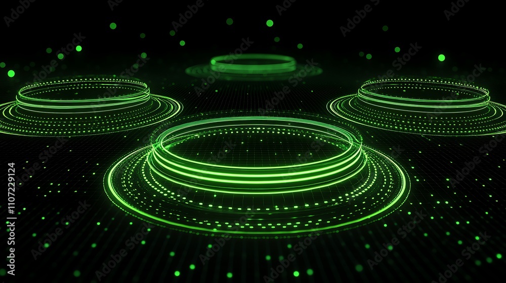 Poster green abstract visualization with circular patterns and glowing dots in a dark background