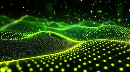 Obraz premium Green Abstract Waves with Dots and Grids in a Futuristic Digital Landscape with Glowing Particles