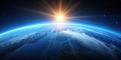 Fototapeta premium Blue Sunrise over Earth captured from Space , Blue, Sunrise, Spectacular, Celestial, Display, Space, Earth, Horizon, Glow