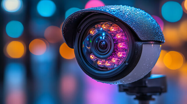 surveillance camera with colorful lights monitors public area at night, capturing vibrant bokeh in background. camera is wet, indicating recent rain, adding dramatic effect