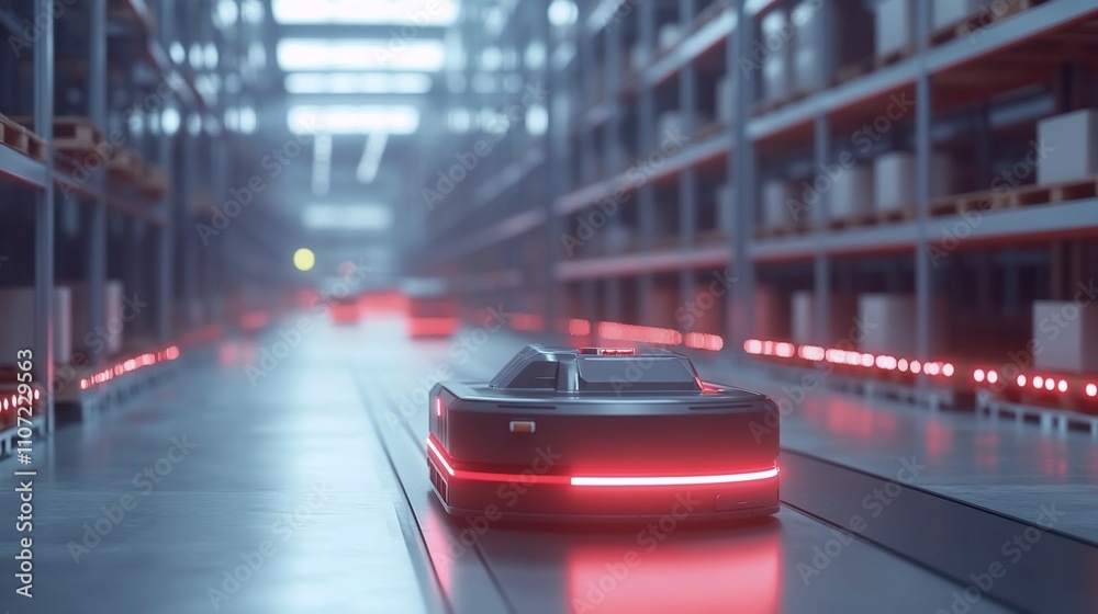 Poster Automated robots navigating a warehouse with shelves of products.