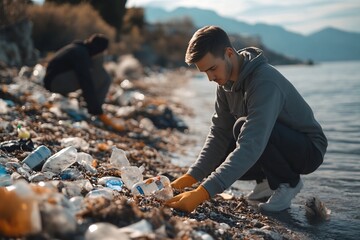 Fototapeta premium Volunteers Cleaning Up Polluted Beach Covered in Trash and Debris for Environmental Conservation