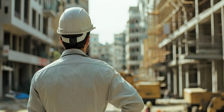 An engineer in a hard hat overseeing construction work, ensuring safety and compliance
