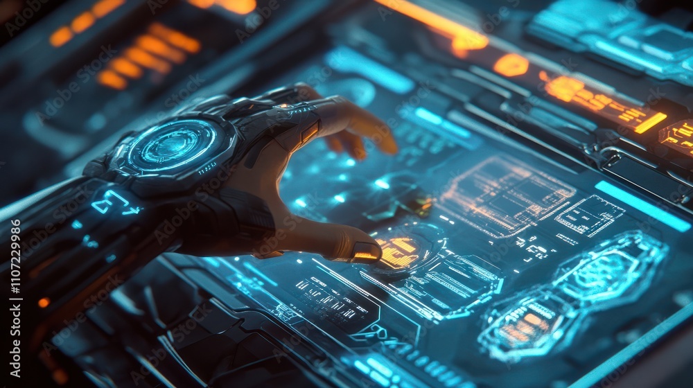 Poster a hand interacts with a digital interface displaying technology trends and data analysis in a futuri