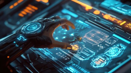 A hand interacts with a digital interface displaying technology trends and data analysis in a futuristic setting