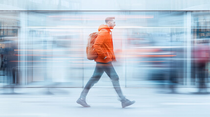 Man Walking in City:  A young man in an orange jacket walks confidently through a bustling city, blurred by motion,  evoking a sense of urban exploration and adventure.