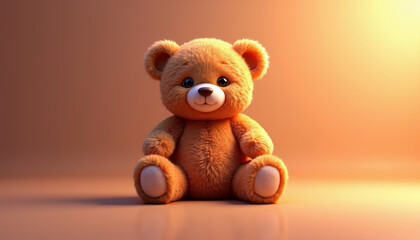 Obraz premium Soft teddy bear sitting on glossy surface, feeling cheerful, with warm light background, inviting scene