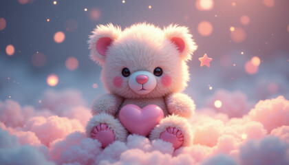 Fototapeta premium Cute teddy bear holding a heart, feeling adorable, with fluffy clouds and sparkling background, dreamy atmosphere