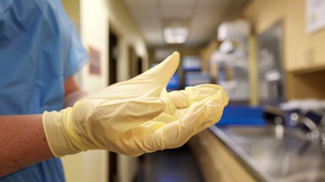 An informational poster near the onsite restroom provides stepbystep instructions on how to correctly use and dispose of disposable gloves to prevent crosscontamination and injuries.