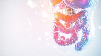 An abstract illustration of the human digestive system with highlighted stomach and intestines in bright colors against a dark background, macro shot, Minimalist style