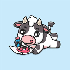 Cute Cartoon Cow Drawing Meat On Paper Cartoon Vector Icon Illustration. Animal Education Icon Concept Isolated Premium Vector. Education Cartoon Style