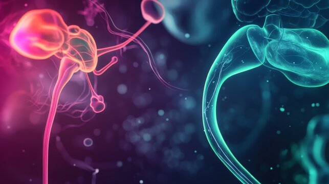 An abstract illustration of the human endocrine system with flowing hormone pathways and highlighted glands, set against a dark, gradient background