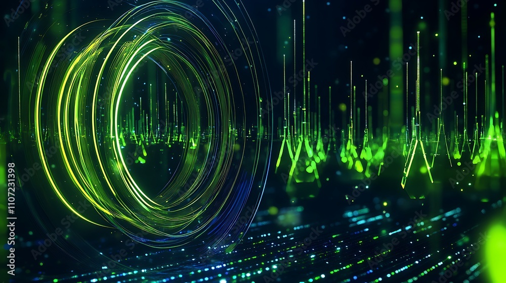 Poster vibrant abstract technology background with swirling light effects and neural network patterns in gr