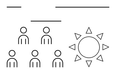 People icons under lines with sun symbol and rays. Ideal for community, social groups, teamwork, collaboration, unity, leadership, energy. Line metaphor