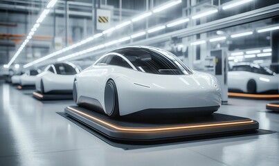 Fototapeta premium Futuristic cars in a high-tech manufacturing facility.