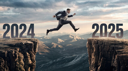Man in mid-air, leaping from a cliff labeled '2024' to another cliff labeled '2025,' symbolizing a transition between years, progression, change, and hope for the future, set against a dynamic