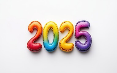2025 Made of Macarons  Numbers formed with colorful macarons in a rainbow palette. Elegant and festive, white background.