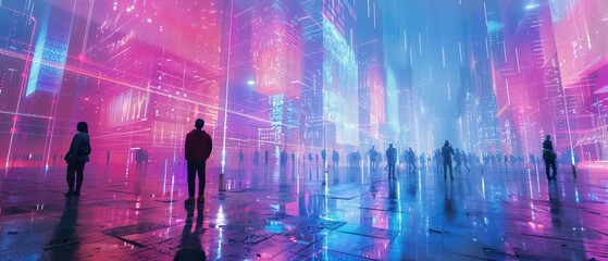Obraz premium A vibrant, futuristic cityscape illuminated with neon lights, showcasing silhouettes of people amidst colorful reflections and a digital atmosphere.