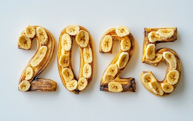 Obraz premium 2025 Made of Dried Banana Chips Numbers arranged with crunchy banana chips in soft yellow hues. Sweet and tropical, white background.