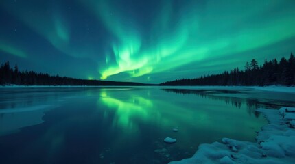 Frozen Lake Aurora Borealis Nightscape