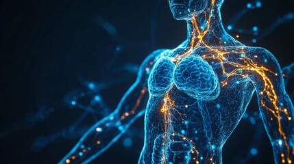 An abstract illustration of the human lymphatic system with highlighted lymph nodes and vessels in vivid colors against a dark background, macro shot, Minimalist style