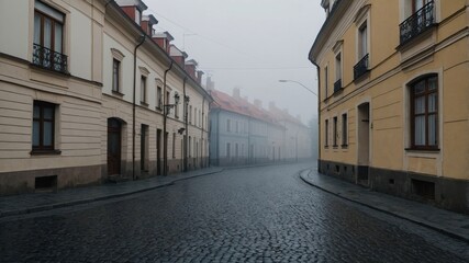 Obraz premium Foggy morning on a quiet czech neighborhood street
