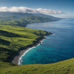 A panoramic view of rolling green hills descending into a serene blue sea, with a misty mountain range visible in the distance.

