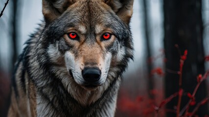 Naklejka premium Alpha wolf with striking red eyes