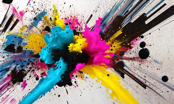 CMYK Explosion: A vibrant abstract artwork showcasing the dynamic interplay of cyan, magenta, yellow, and black inks in a captivating splash.