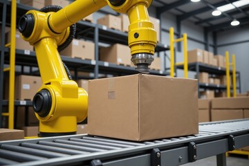 Automated robotic arm sorting packages in modern warehouse environment.