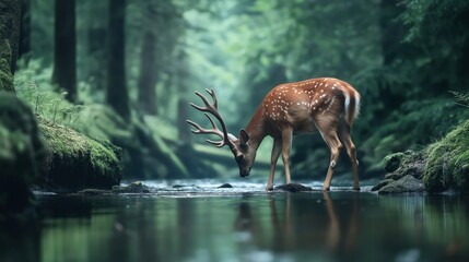 Deer with antlers drinking water from a shallow stream in a dense forest environment during daytime surrounded by lush greenery and moss-covered rocks