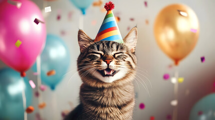 Happy cat wearing a colorful party hat surrounded by balloons and confetti at a joyful celebration indoors