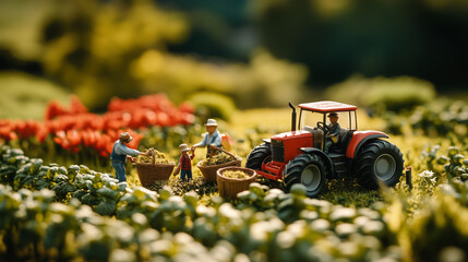Tiny farmers harvesting crops in a miniature field with tractors and baskets